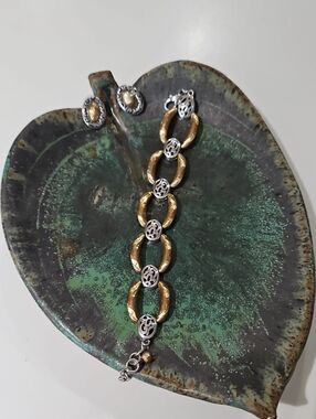 Brighton Two-Tone Gold and Silver Link Bracelet and Pierced Earrings Set